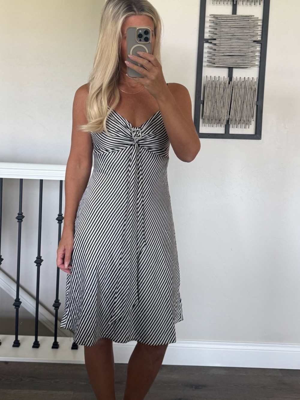Setre Black and White Striped Twist-Front Midi Dress with rhinestone detail